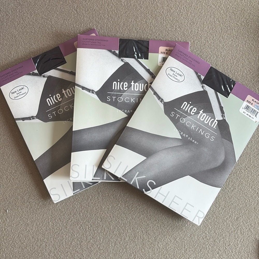 NEW 3 Packs Nice Touch Garter Black Nylon Sheer Stockings Hose Lace Tops Size B